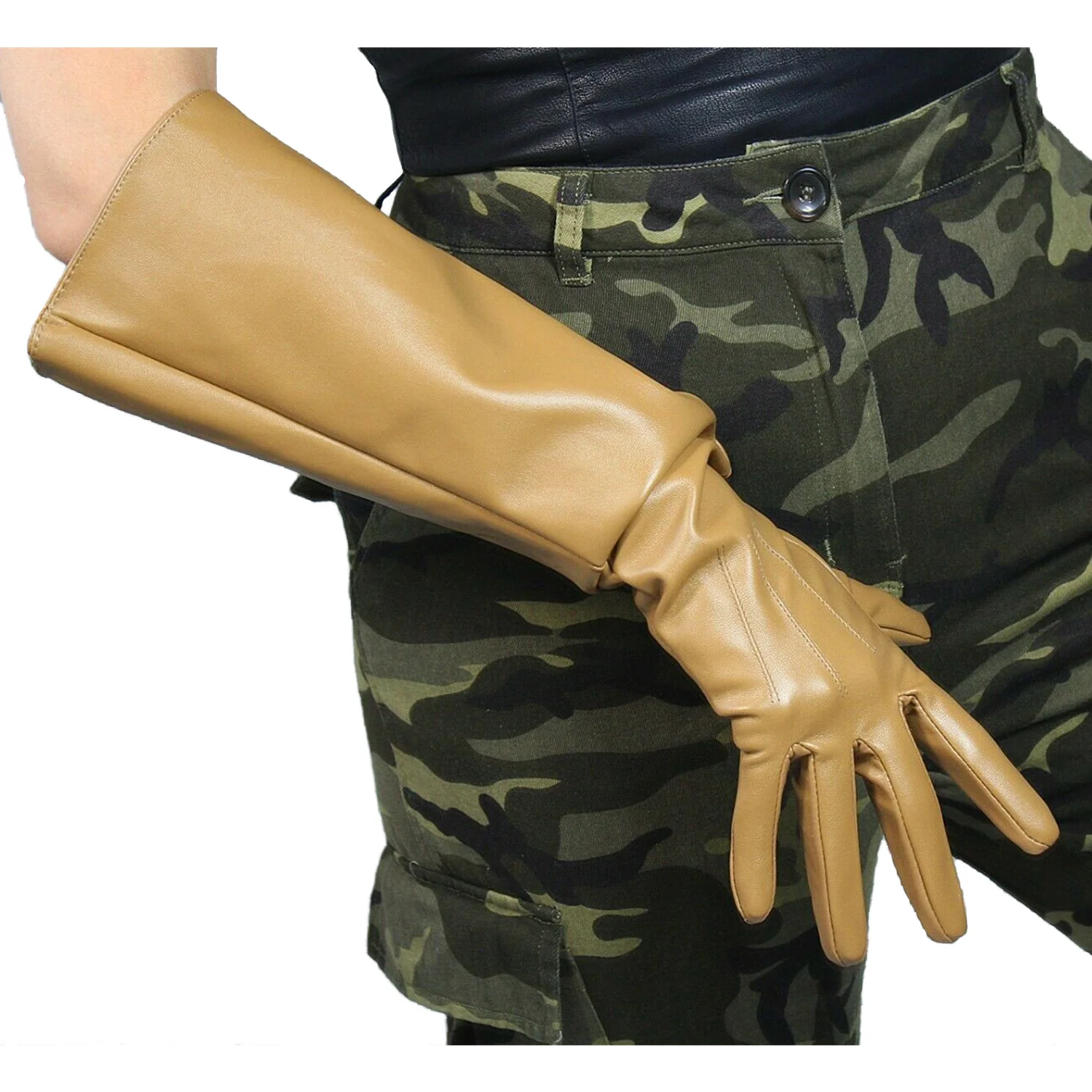 

DooWay Unisex Light Brown Gloves Puff Sleeves Wide Tan Beige Elbow Long Faux Leather PU 50cm Halloween Costume Cosplay Glove