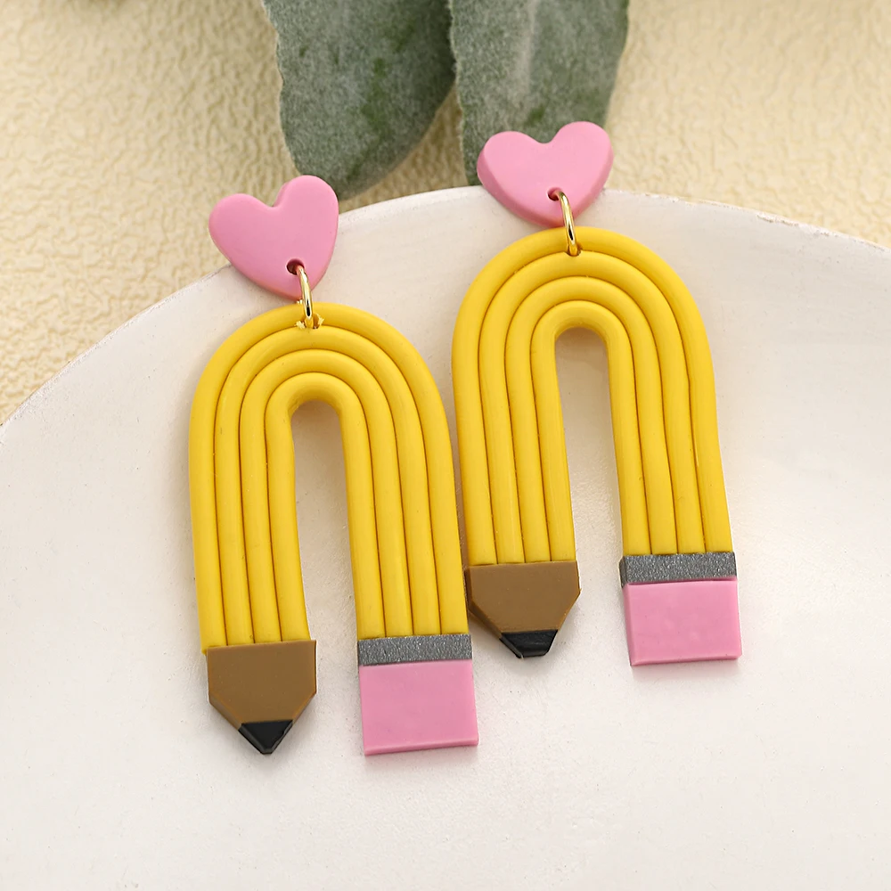 Lifefontier Handmade Yellow Stripe Pencil Shape Polymer Clay Drop Earrings For Women Creative Geometric Charms Earring Jewelry