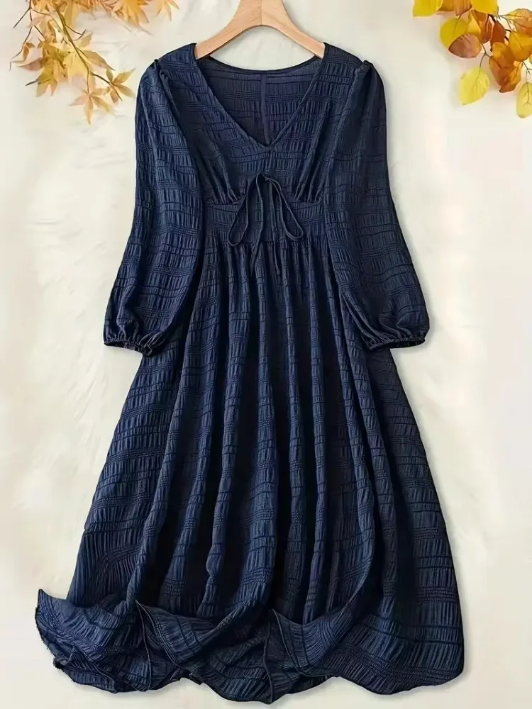 

Fashion Plus Size Women's Casual Dress with Textured Lantern Sleeves and V-Neck Tie Front Midi Dress for Comfort and Style