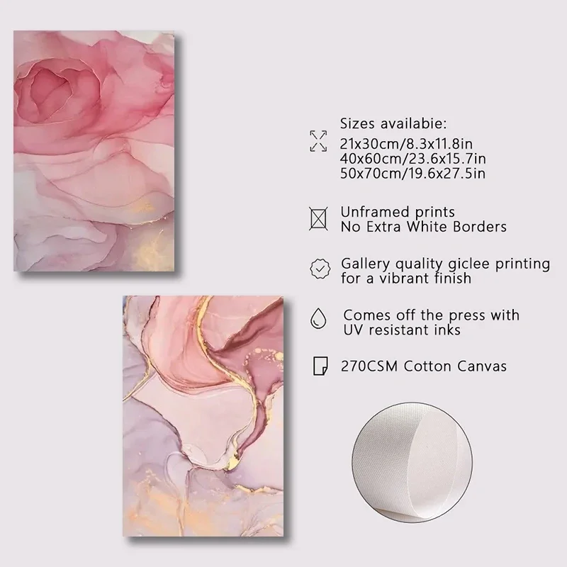 Large-sized frameless 3pcs  3pcs Modern Poster Abstract Pink Marble Canvas Posters Wall Art for Living Room Decoration Luxury