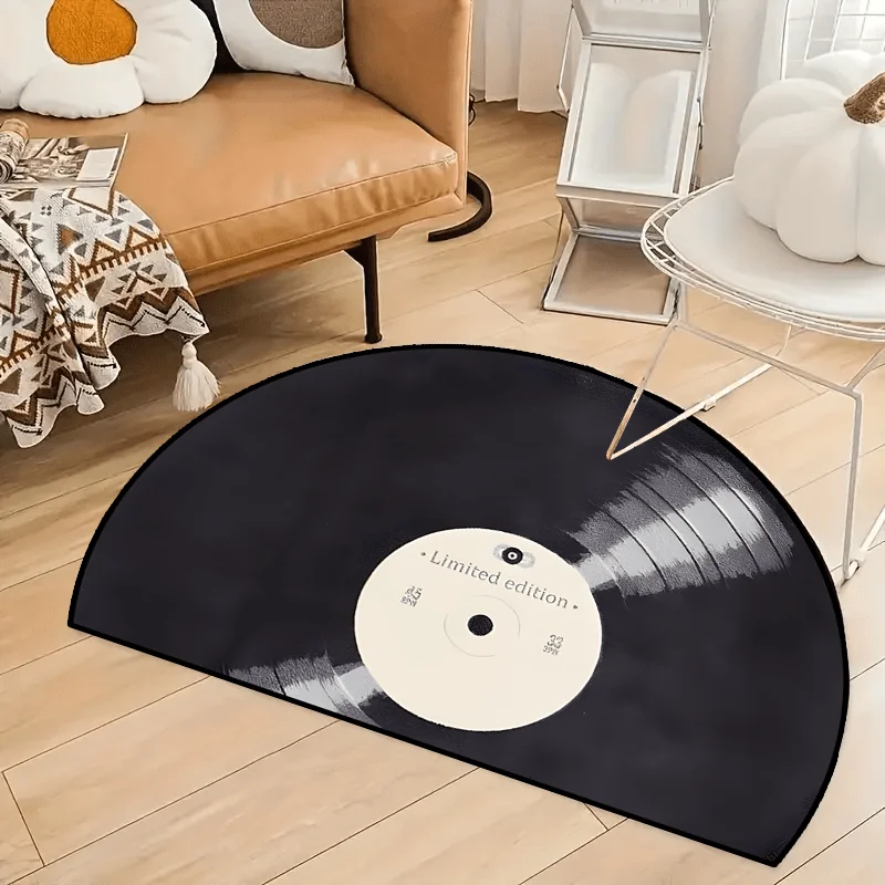 Vinyl Record Music Black Pattern Half Round Carpet Mat Rug Home Decoration Entryway Door Retro Vintage Non Slip Durable