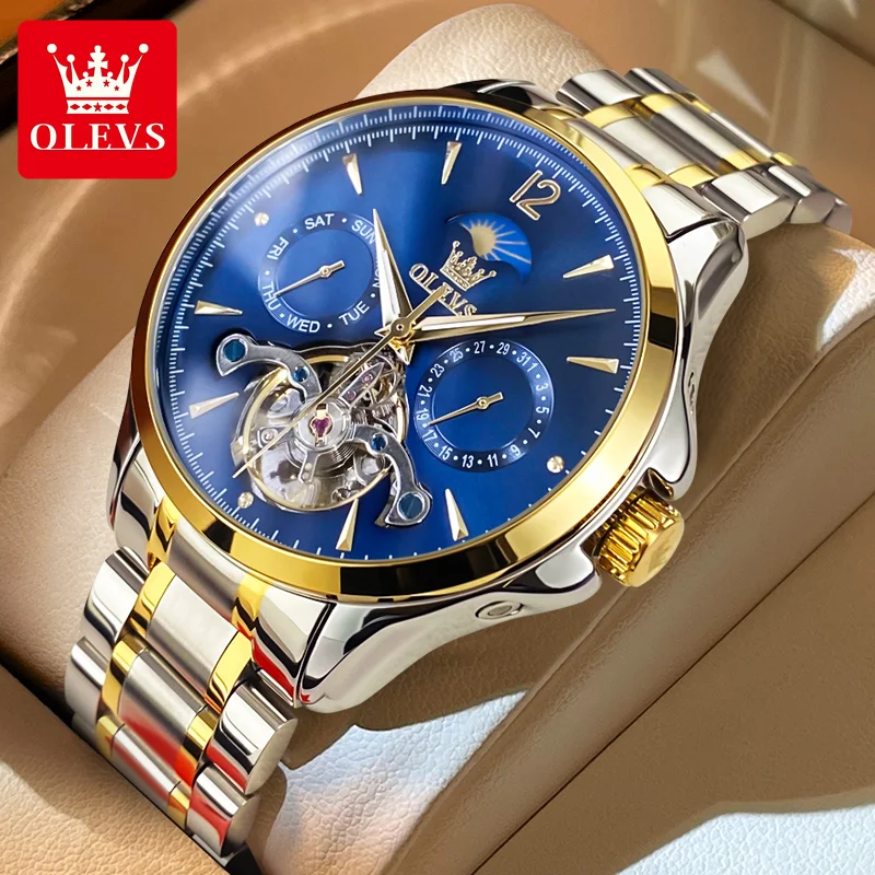 

OLEVS Men's Mechanical Watch Luxury Waterproof Luminous Skeleton Moonphase Gold Watch Stainless steel Automatic Men's Watch