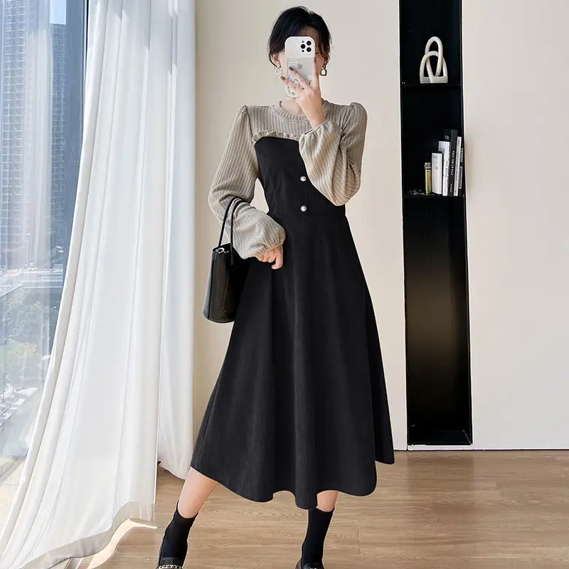 Fake Two Pieces Corduroy Midi Dress Women's Clothing Long Sleeve Spring Autumn Chic Folds Patchwork Elegant A-Line Waist Dresses