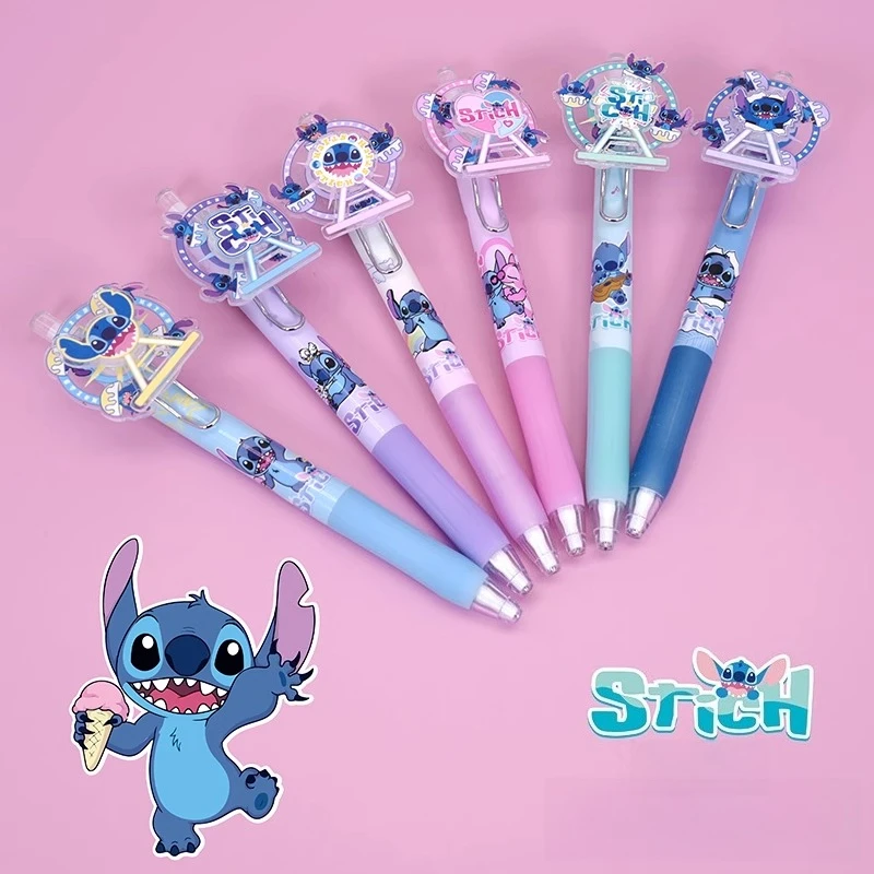 

6pcs Creative Disney Stitch Rotatable Gel Pen Cute 0.5mm Black Ink Press Signature Pens Promotional Gift School Supplies