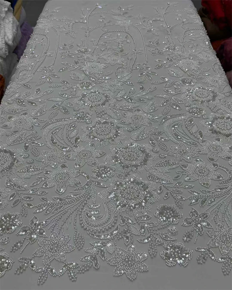 

5 Yards Africa Groom Beaded Lace Fabric High Quality French Sequin for Bridal Wedding Evening Dress Sewing