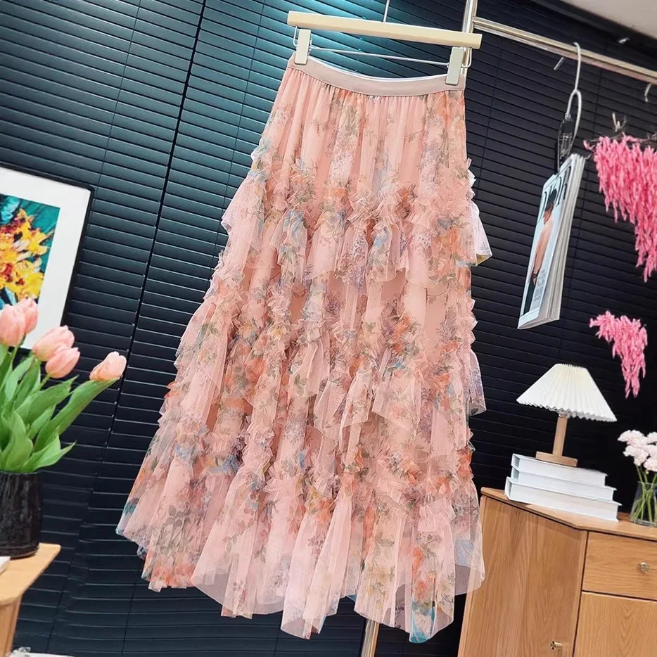 Heavy-Weight Spliced Print Tulle Cake Skirt Women's New Floral Frou-Frou Long Half Skirt Polyester Fabric Elegant Style
