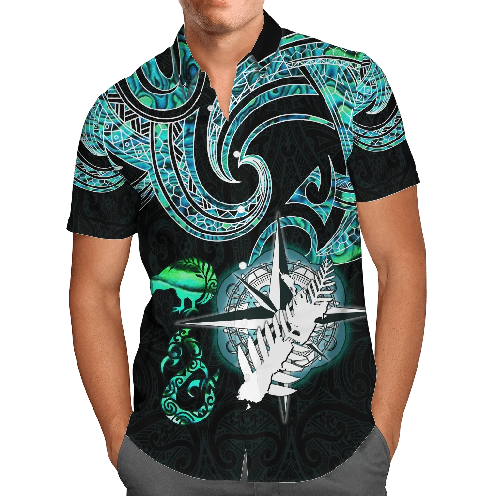 

New Zealand Aotearoa Maori Shell Compass Kiwi And Manaia Shirts Short Sleeve Shirt Men Shirt 2023 Oversized 5XL Chemise Homme