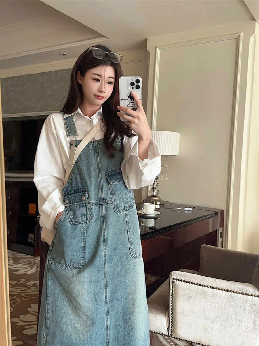 plus Size Denim Overalls Dress Vintage Loose Fitting Slimming Spring New Style Korean Commute Style Mid-Length A-Line Dress