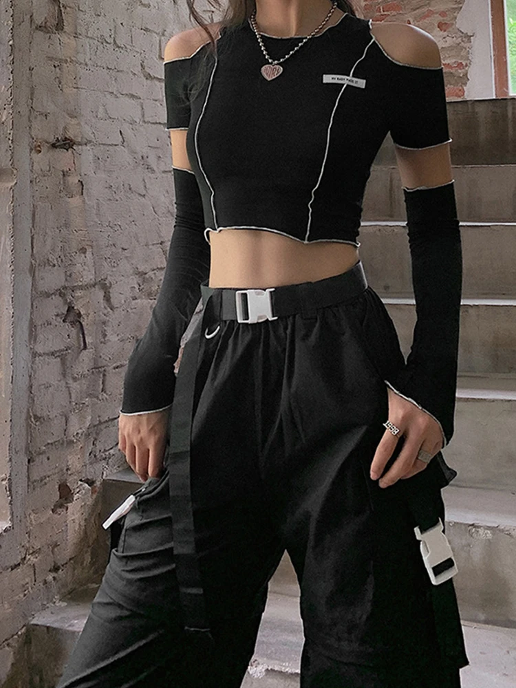 Patchwork Black T-shirts Gothic One Shoulder Sleeve Y2k Crop Tops Ruffles Hem Hip Hop Techwear Women Tees