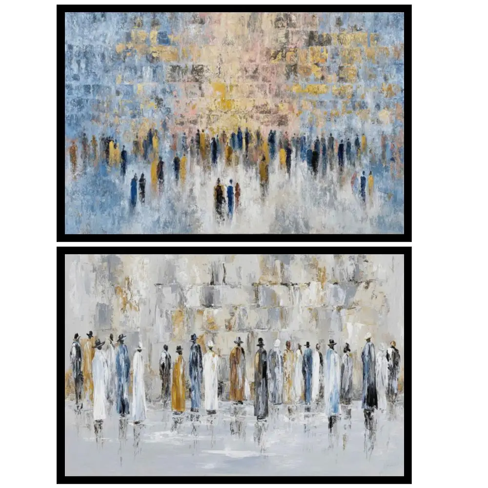 Large Jerusalem Kotel Canvas Prints Abstract Gold Blue Wall Dense Crowd Modern Jewish Home Decor for Living Room Dining Room