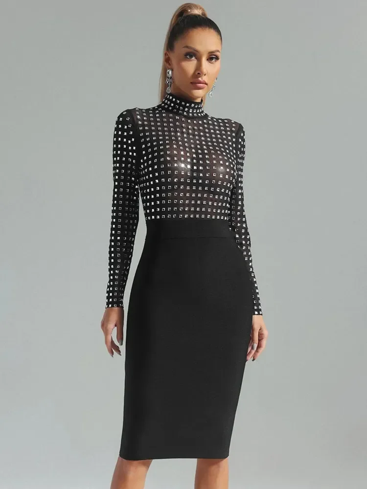 

Newest Women Celebrity Sexy Turtleneck Rhinestone Black Midi Bodycon Bandage Dress 2024 Elegant Evening Club Party Dress