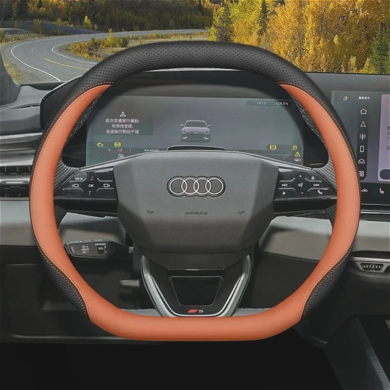 Nappa Leather Car Steering Wheel Cover Double D Shape For AUDI A6 Q5 A5 Avant Sedan Q4 Q5 E-tron Q6 E-tron A6 E-tron Accessories
