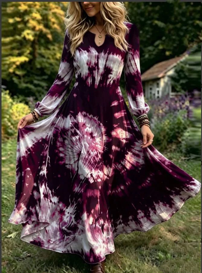 Retro fashion printed long skirt, high waist, big swing, elegant and casual women's dress