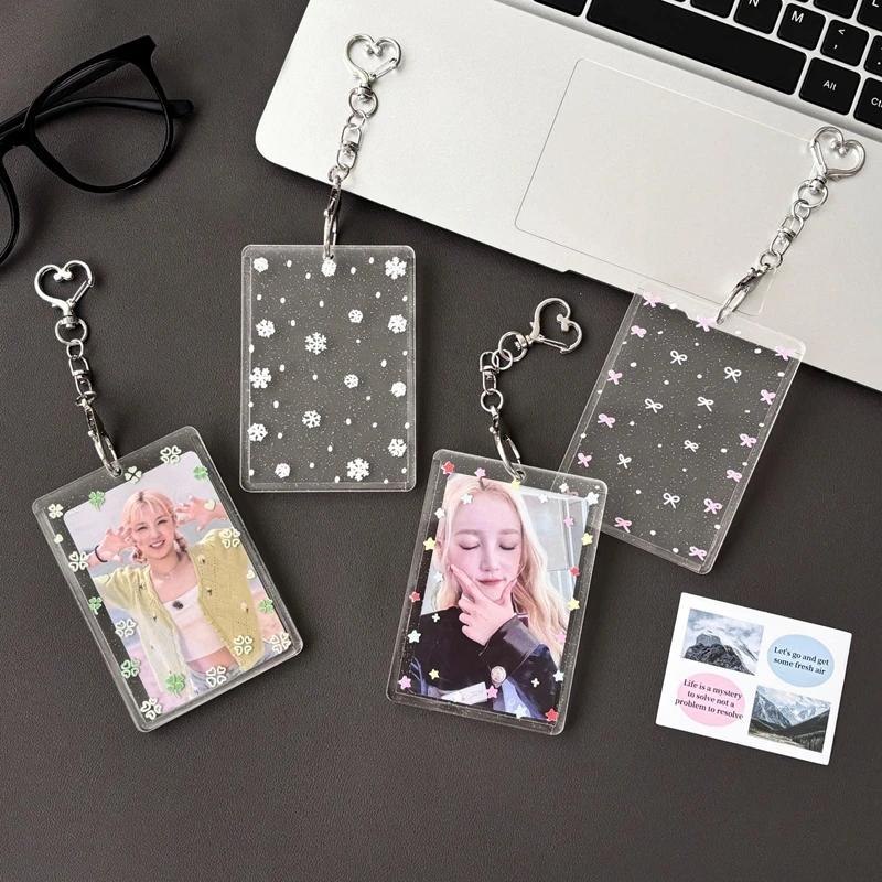 New Ins Snowflake Star Transparent Card Holder Glitter Acrylic Bus Card Bank ID Card Film Protective Display Sleeves Pendant