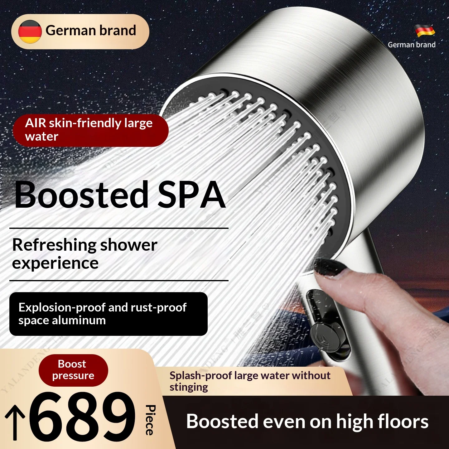 Pressurized shower head, super polished aluminum alloy rain shower faucet, household shower head for home bathroom