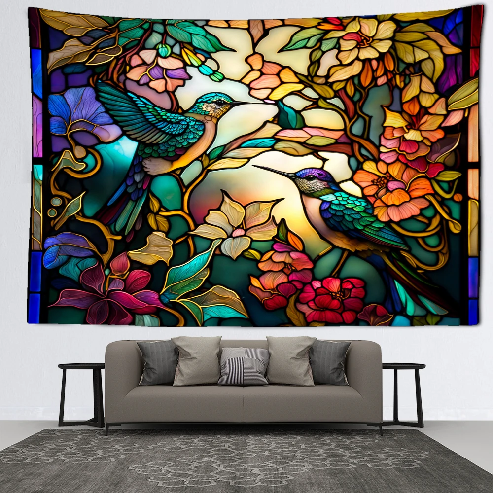 Relief Flower And Hummingbird Pattern Tapestry Wall Hanging Abstract Retro Art Bohemian Bedroom Living Room Home Decor