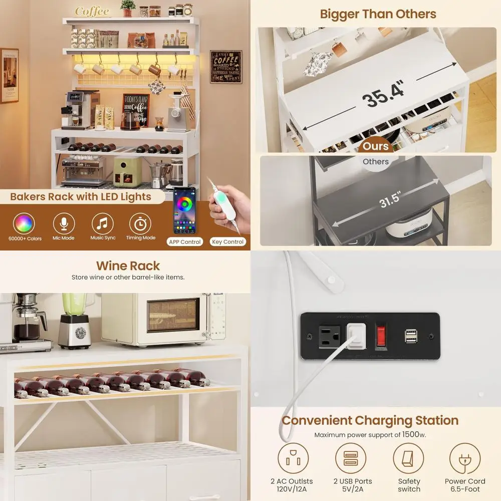 Soporte para microondas blanco 35,4 con almacenamiento, cajones de tela, toma de corriente, luces LED, botellero y ganchos