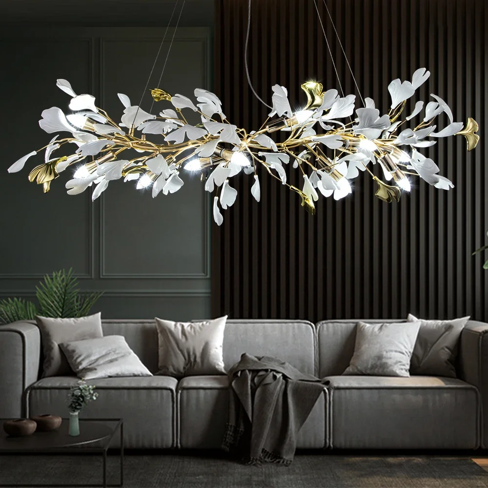 Modern Tree Branch Crystal Chandelier For Dining Living Room Bedroom Kitchen Bar Ginkgo Leaf Gold Round Hanging Chandelier Light