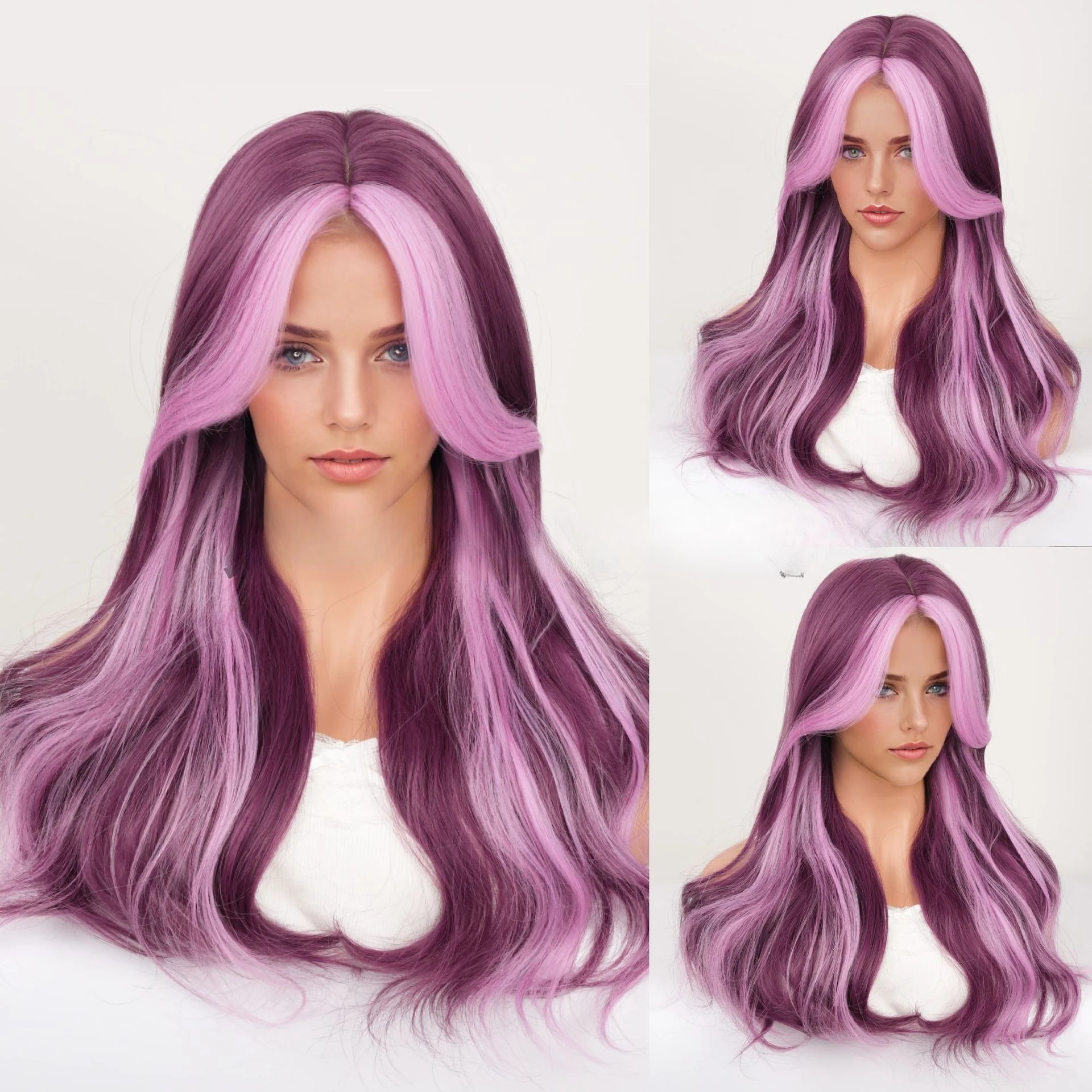 

European and American wigs, women's new products, highlights, medium division, long waves, natural simulation, long curly hair i