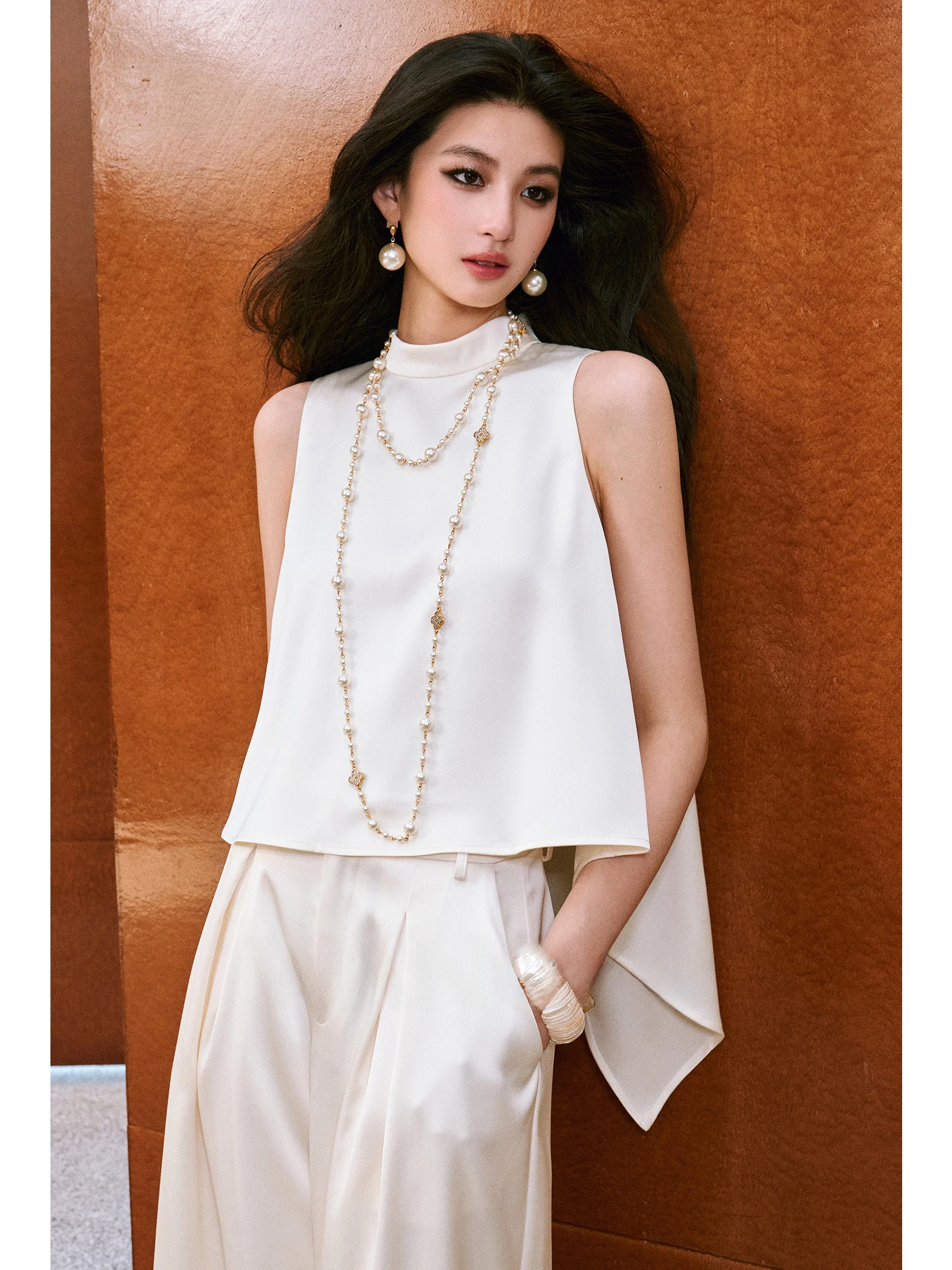 

Wangxo Silk Luster High Density Twill Satin Slim Fit Wide Leg Pants Short Sleeve round Neck Elegant Style Fashion Set for Women