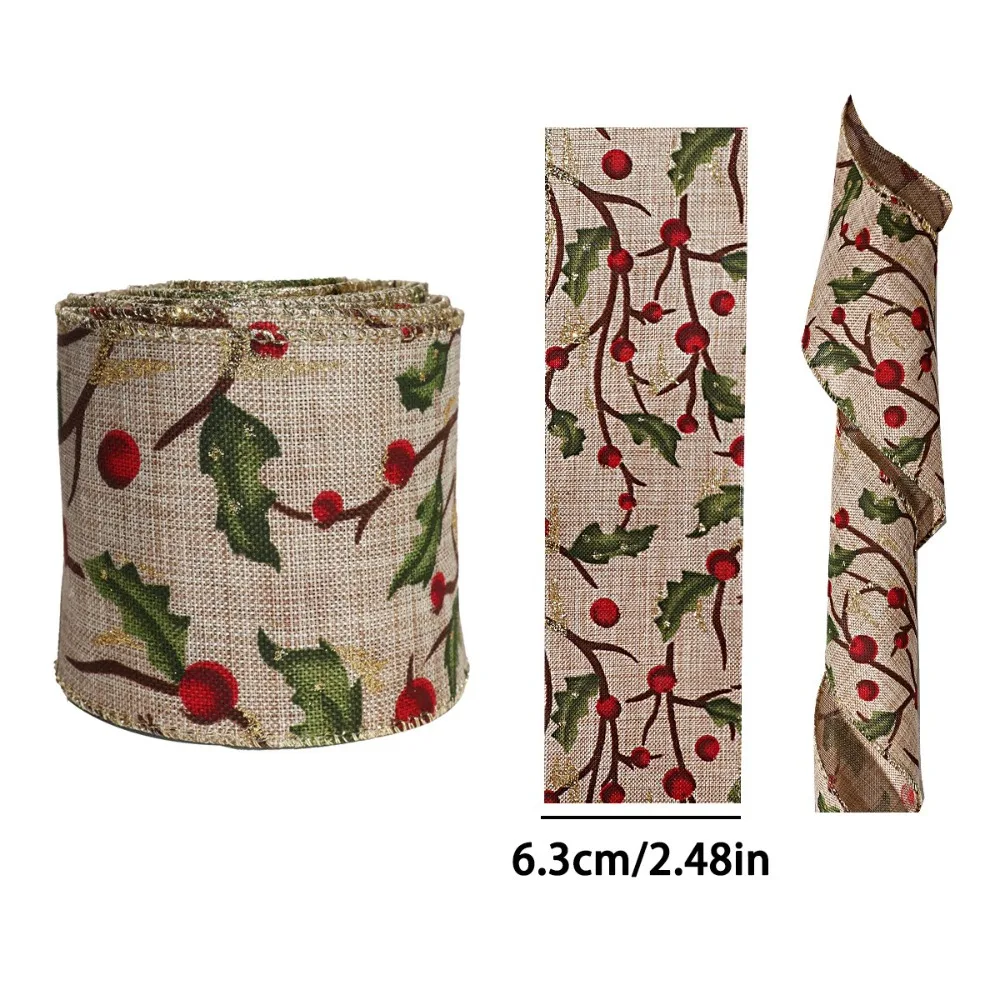 

Льняная рождественская лента с принтом, снежинка, 5 м, рулонная лента с краями проволоки, красная, зеленая лента со снежинками, изготовление бантов