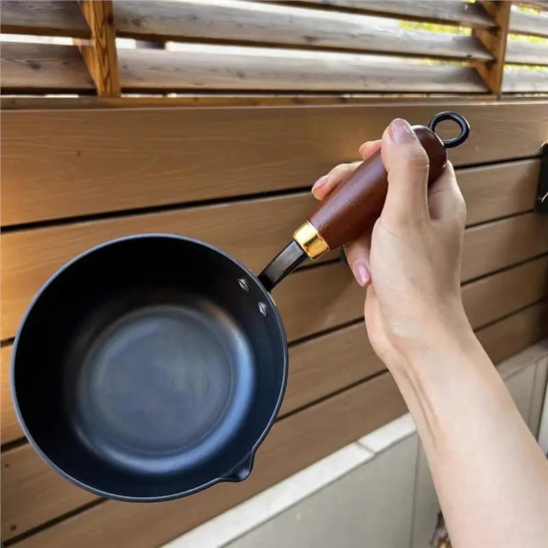 ABJO-Omelette Pan Egg Frying Pan Cast Iron Oil Splashing Pot Uncoated Wooden Handle Mini Deepened Butter Melting Chocolate