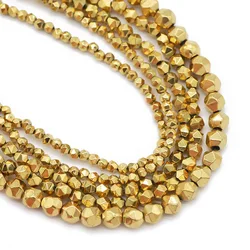 Real Gold Plated 2/3/4MM New Faceted Round Hematite Natural Stone Spacer Loose Beads For Jewelry Making Diy Bracelets Necklace