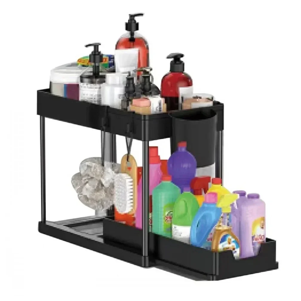 Hot 2 Tier Under Sink Organizer Sliding Cabinet Basket Organizer Storage Rack with Hooks Hanging Cup Bathroom Kitchen Organizer