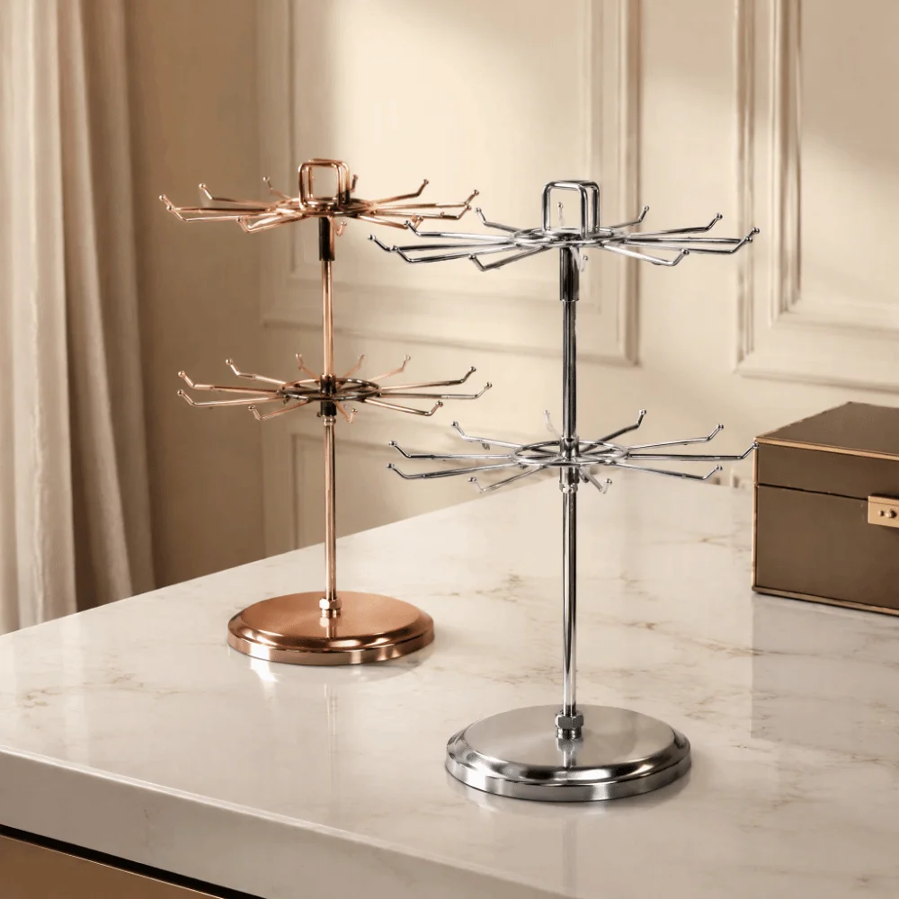 2-Tier Design Jewelry Organizer Stand Rotatable Iron Material Two Tier Jewelry Rack Hooks Included Round Shape