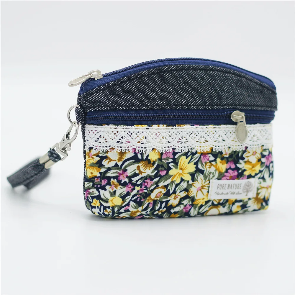 Street Trend Women's Cotton Fabric Lavender Flower Print Pattern Double Handles Carrying Fabric Coin Purse Countryside Coin Bag