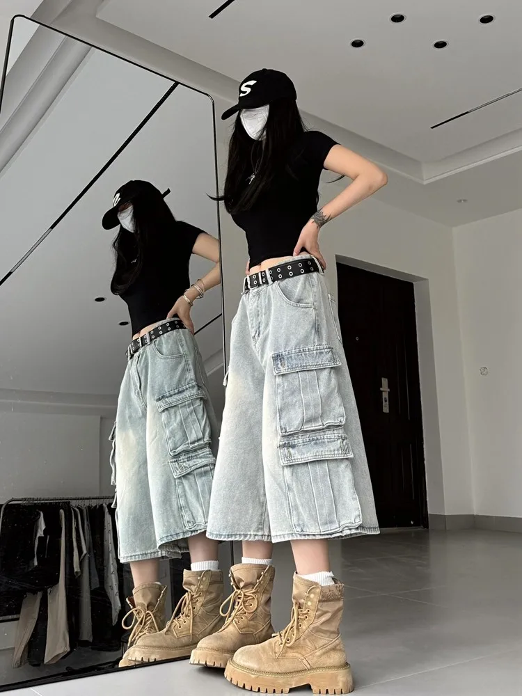 Light Blue Washed Jeans Summer New Loose Straight Multi-pocket Design Casual Shorts Men/Women Streetwear Denim Capri Pants