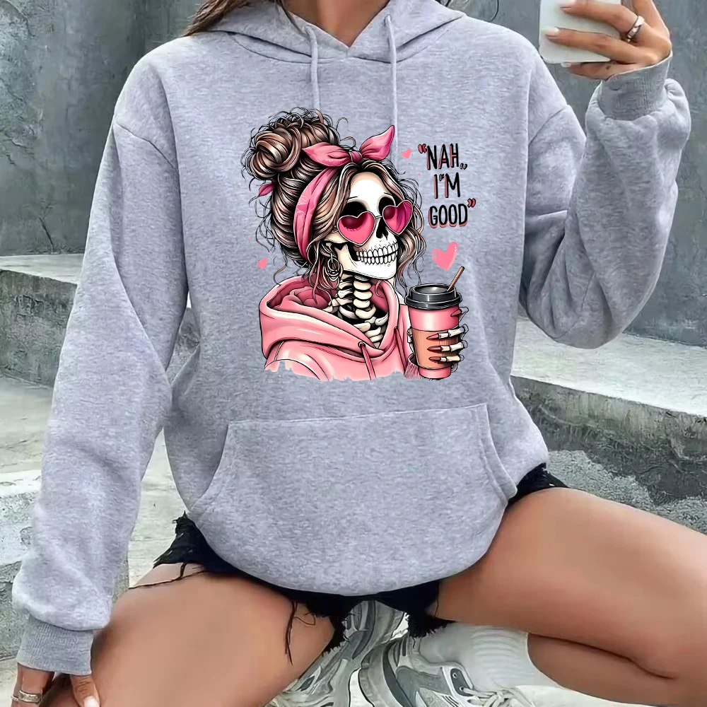 Halloween Skull Portrait Skeleton Graphic Printed Long Sleeve Sweatshirt Vintage 2000s Y2K Casual Hoodie Autumn Winter Women Top