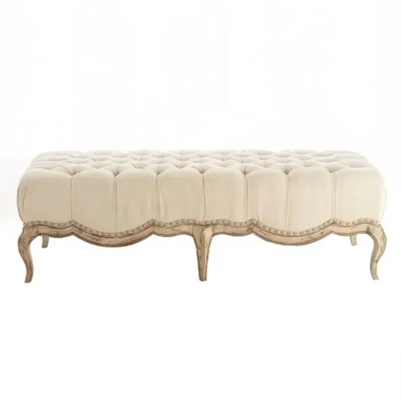 Hot selling Custom french antique bedroom white fabric wooden tufted ottoman bed stool bench