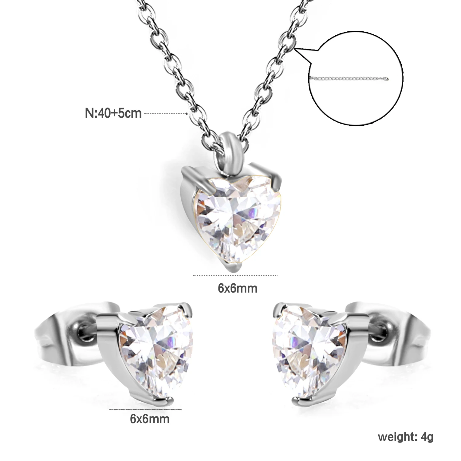 Heart White CZ Stud Earrings & Necklace Set