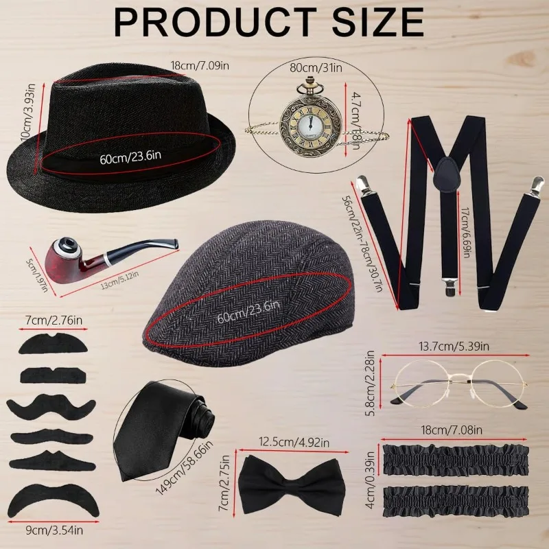 1920s Mens Costume Accessories Outfit Set Gangster Roaring 20s Costumes for Gatsby Party 30s Y-Back Beret Suspender pocket watch view 2