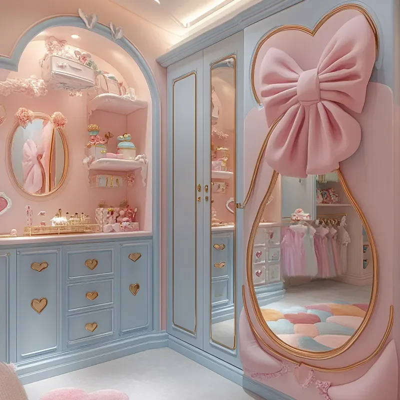 

Whole house French pink bow children's room wardrobe decoration space