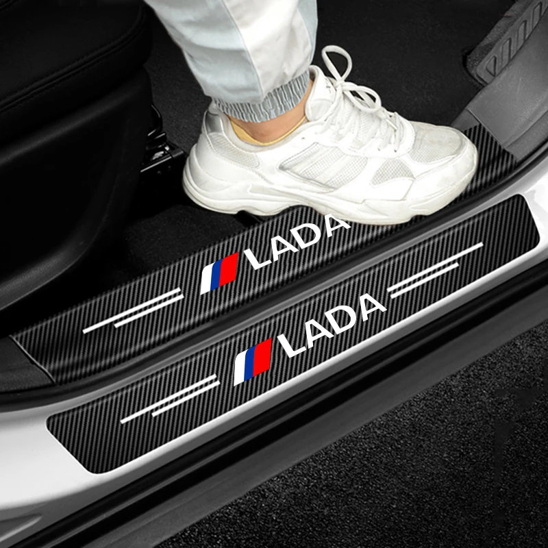 Carbon Fiber Car Door Sill Sticker Scuff Scratch Threshold Strip for Lada Logo Niva Largus Xray Granta Protect Film Accessories