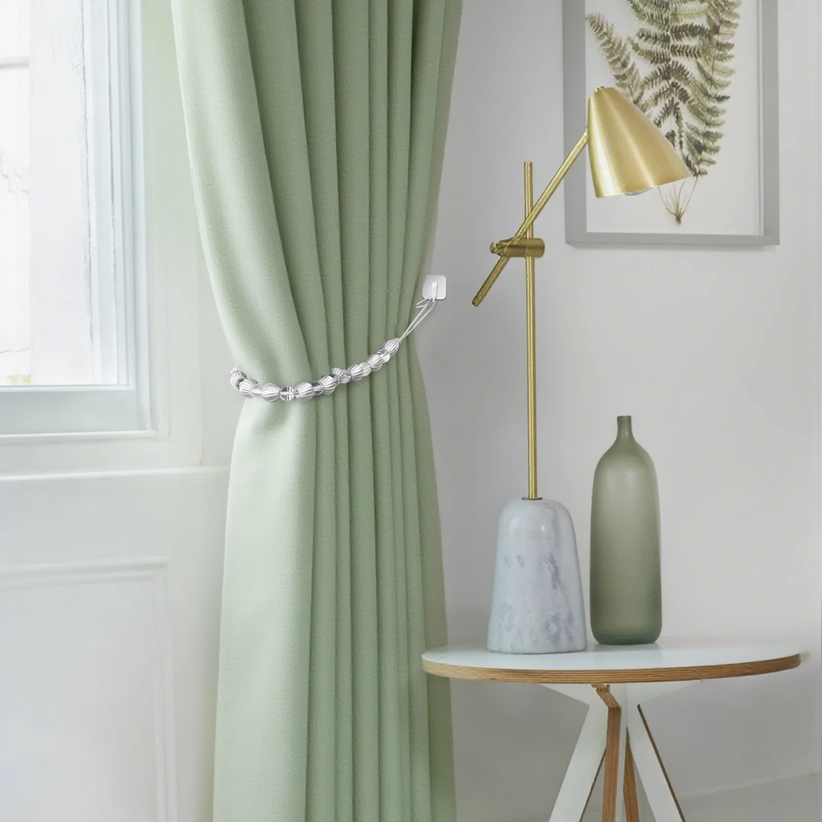 

2Pcs Acrylic Bead Curtain Holdbacks Silver and White 705cm Reinforced Cords Easy Use Curtain Clips Acrylic Bead Tiebacks