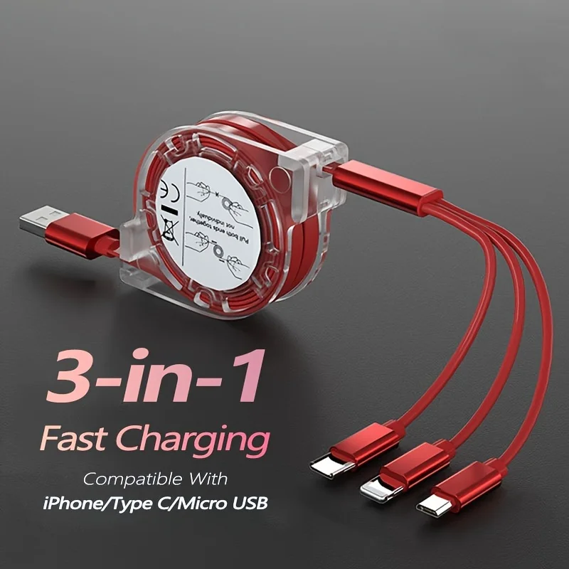 Cabo multicarregador 3 em 1 com design retrátil, cabo de carregamento rápido para iPhone, Ipad, Samsung, PS, tablets e muito mais