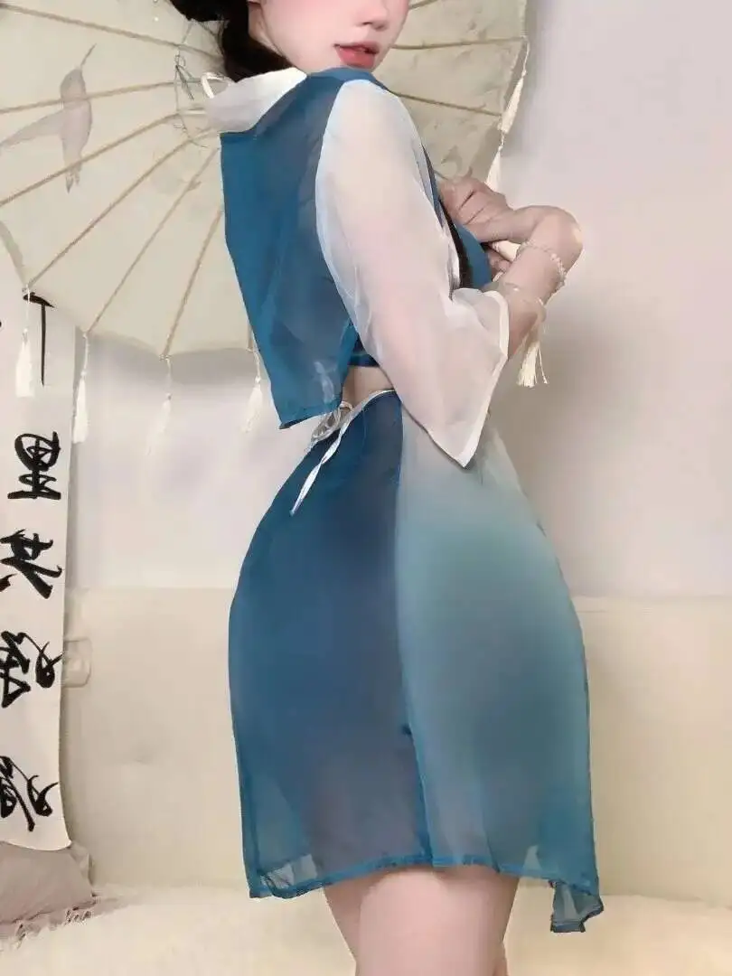 Sexy Ancient Style Improve Hanfu Tempting Chinese Skirt Sets Transparent Deep V Half Sleevess Skirt Sets Charming Elegant EVLX