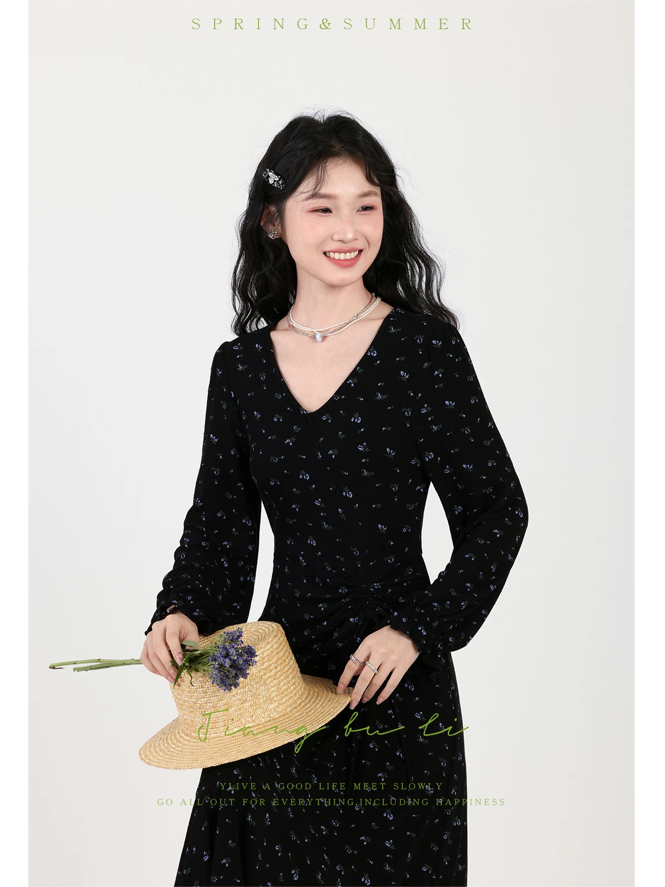 ALXNAN Damenkleid Schwarz Floral Lange A-Linie V-Ausschnitt Kleider 2025 Herbst Elegante Urlaub Langarm Kleidung Weiblich DYL661155