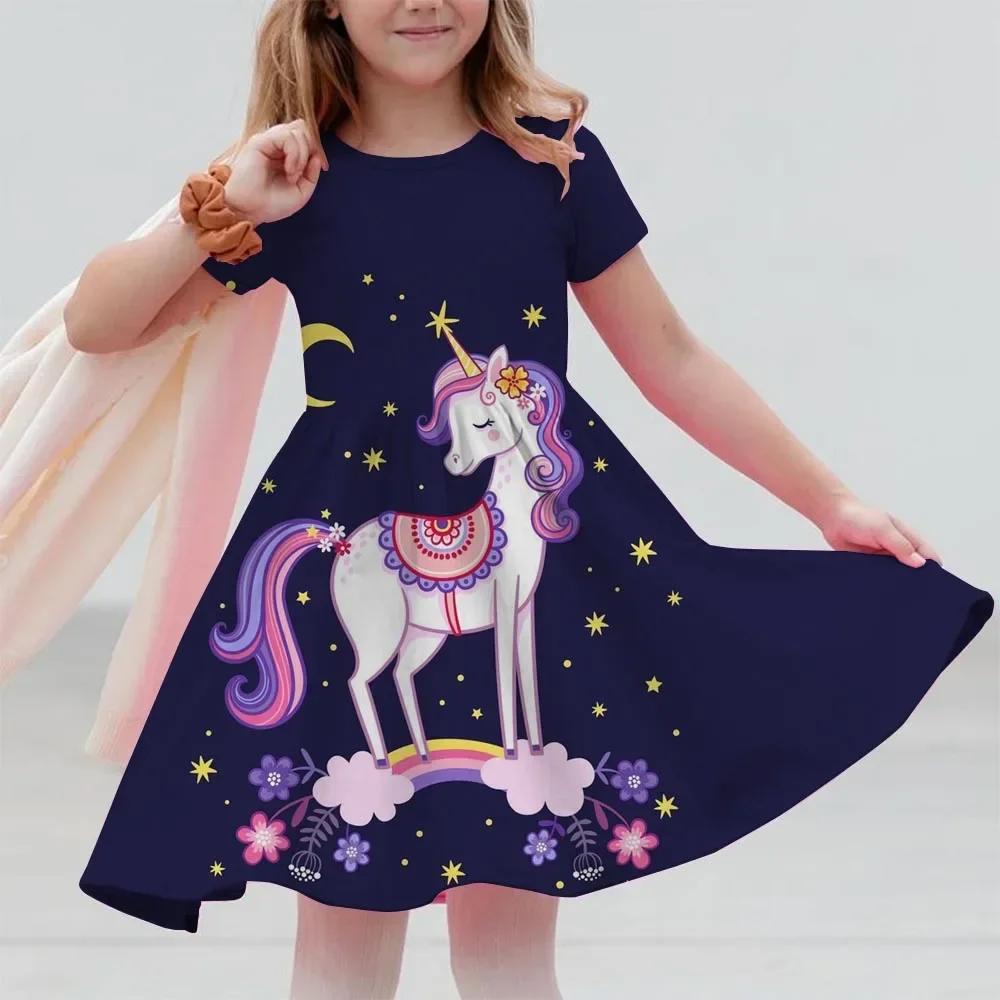 

Summer Cute Girl Dresses Cartoon Pattern Unicorn print Kids Girls Party Dresses 2 To 15Years Kids Casual Clothes