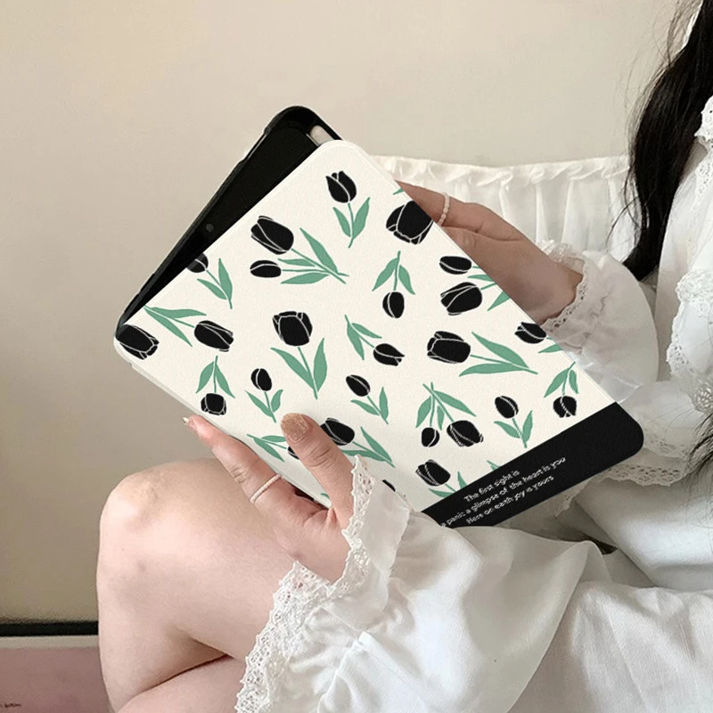 Full Screen Black Rose Y2K 360° Rotation Cover For iPad Pro 13 11th M5 M4 12.9 A16 10 8 7 9th 10th Air 11 M2 M3 Mini Tablet Case