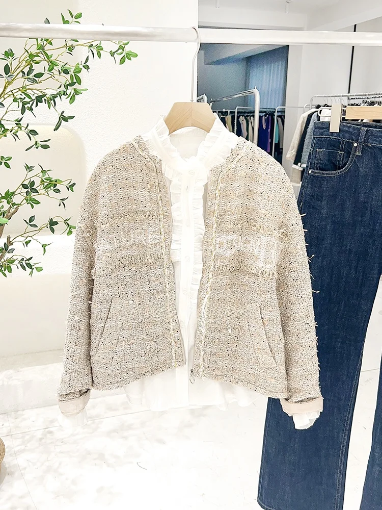 

Mimifa Del Heavy Embroidery Beaded ort Jaet Soft Knit Fraance Sle Women's Outerwear Breathable Loose Fit Long Sve