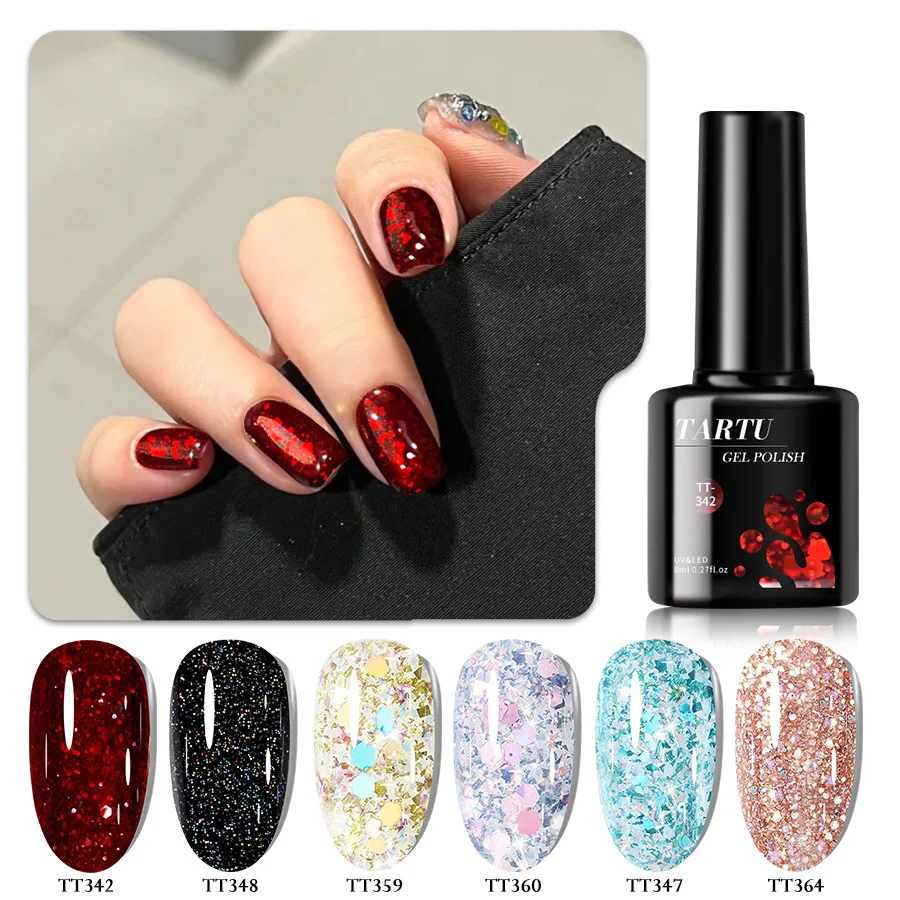 مجموعة طلاء أظافر جل لامعة مكونة من 6 ألوان تتضمن ألوان كاكي وأرجواني وأبيض وأحمر وبني وأزرق وأسود شبه دائمة