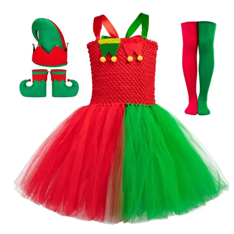 

Girl's Christmas Elf Costume Set Tutu Skirt for Kids Girl Sequin Christmas Elf Costumes Tulle Tutu Dress Hat Boots Stockings Set