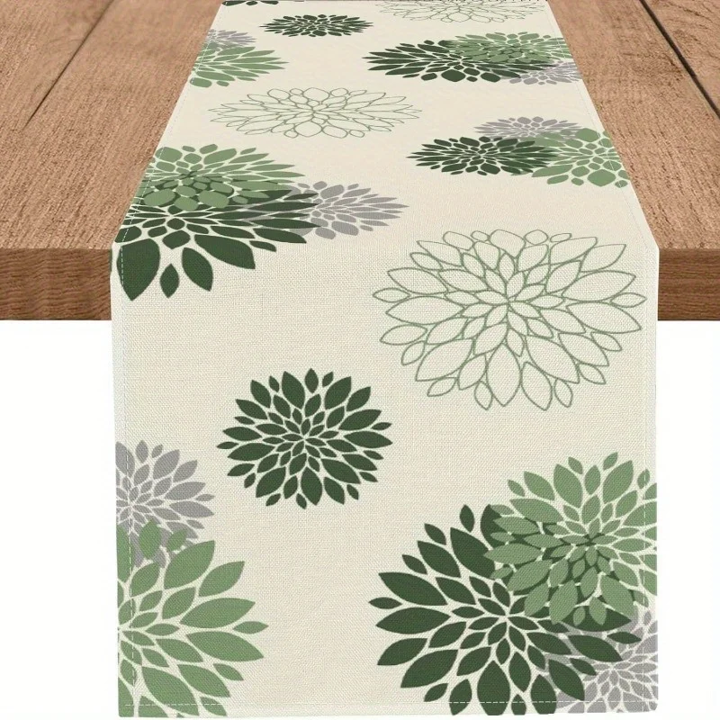 Sage Green Dahlia Linen Table Runner Polyester Blend Farmhouse Style Home Decor Perfect for Family Parties Tablecloth