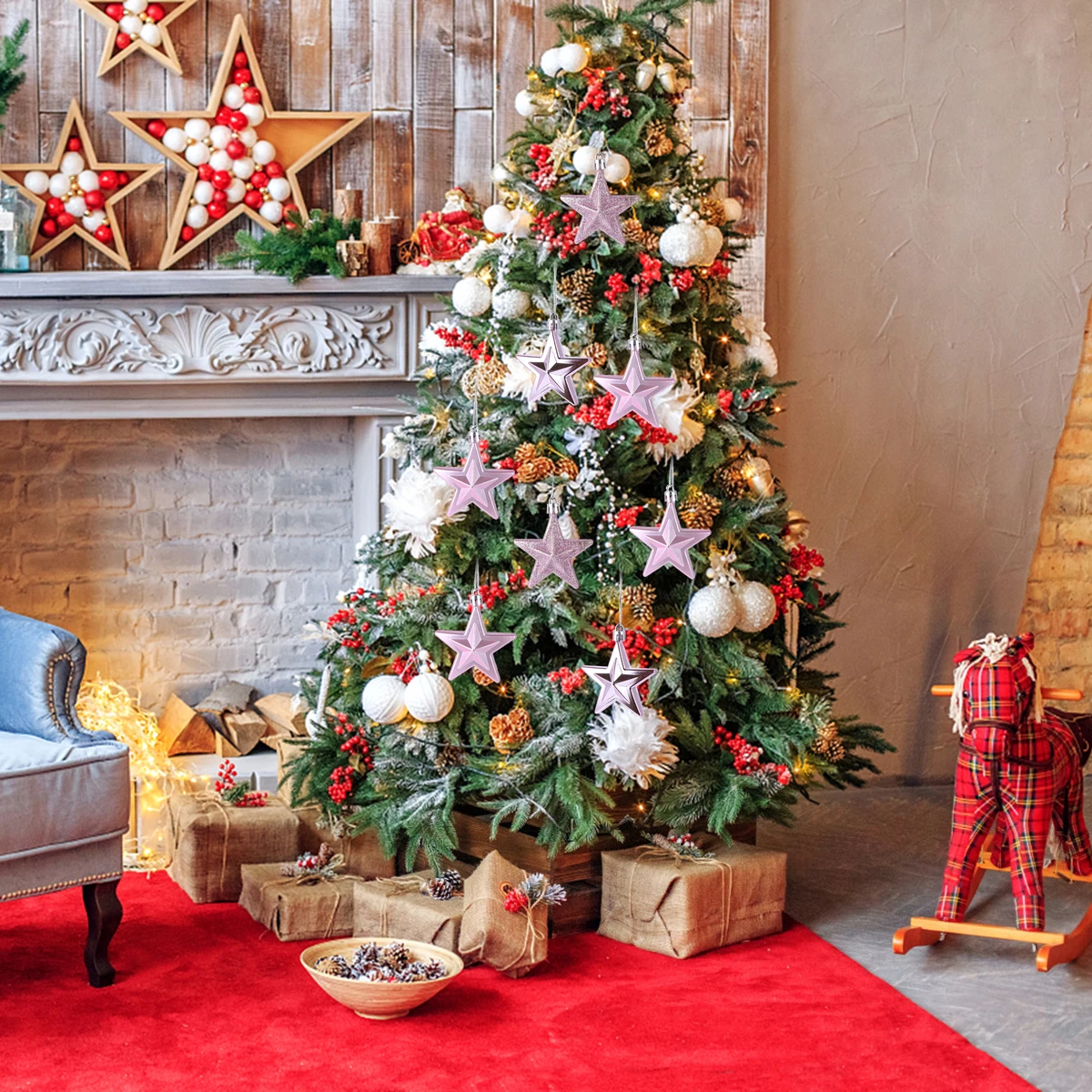 

18Pcs Christmas Tree Hangings Five Pointed Star Decor Holiday Xmas Ornament for Home Hotel Store Window Festive Atmosphere