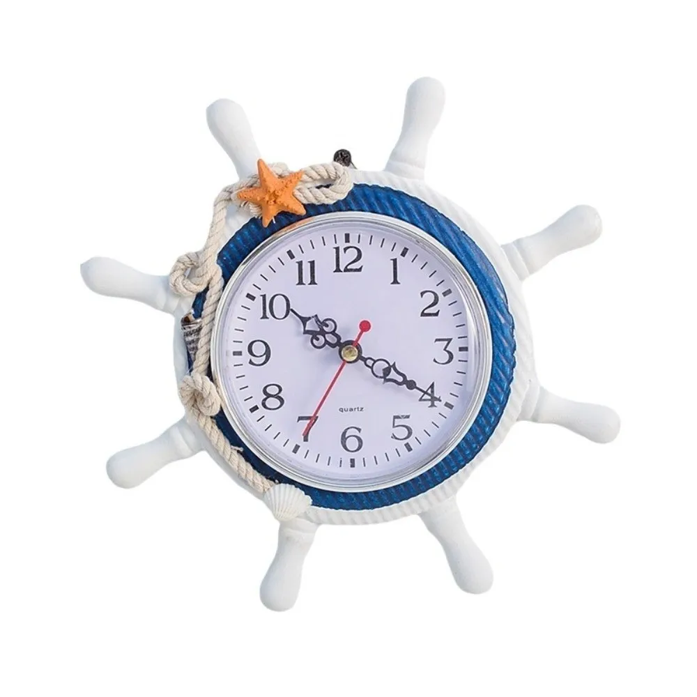 Wooden Steering Wheel Clock Blue Mediterranean Style Anchor Wall Clock Wall Hanging Ornament 8.46in Sailing Ship Clock
