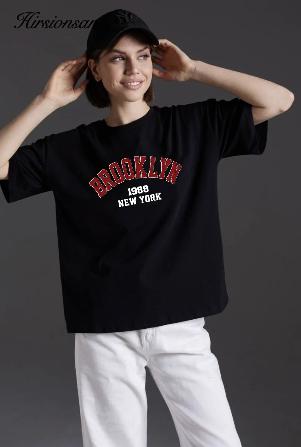 Hirsionsan 100% Cotton American Style Letter Print T Shirt Women 2024 Summer New Basic Tees Casual Loose Female Couple Top Kpop